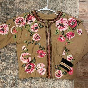 Anthropologie Needlepoint Floral Bomber Jacket Festival Brown